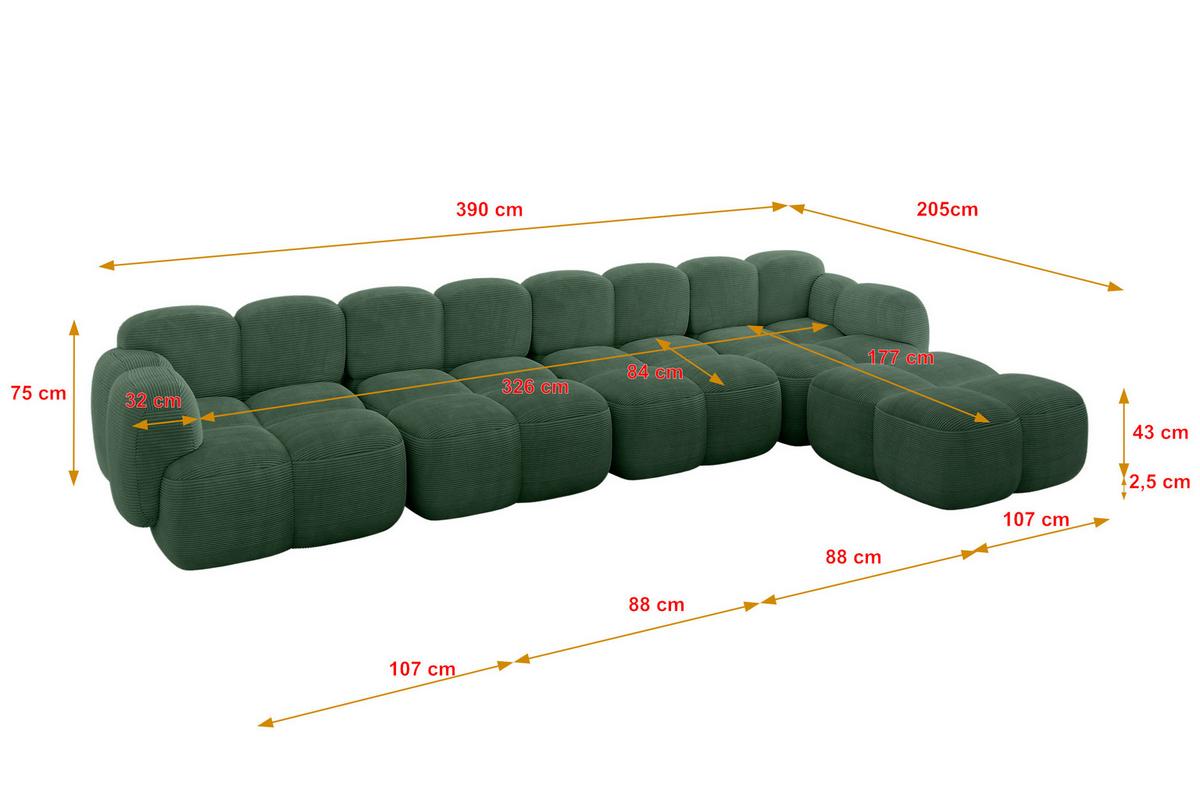 ECKSOFA modulares Sofa Rechts Miko-L3 390x205x75 Grün Cord - Waldgrün/Schwarz, Holzwerkstoff/Kunststoff (390/205cm) - ALTDECOR