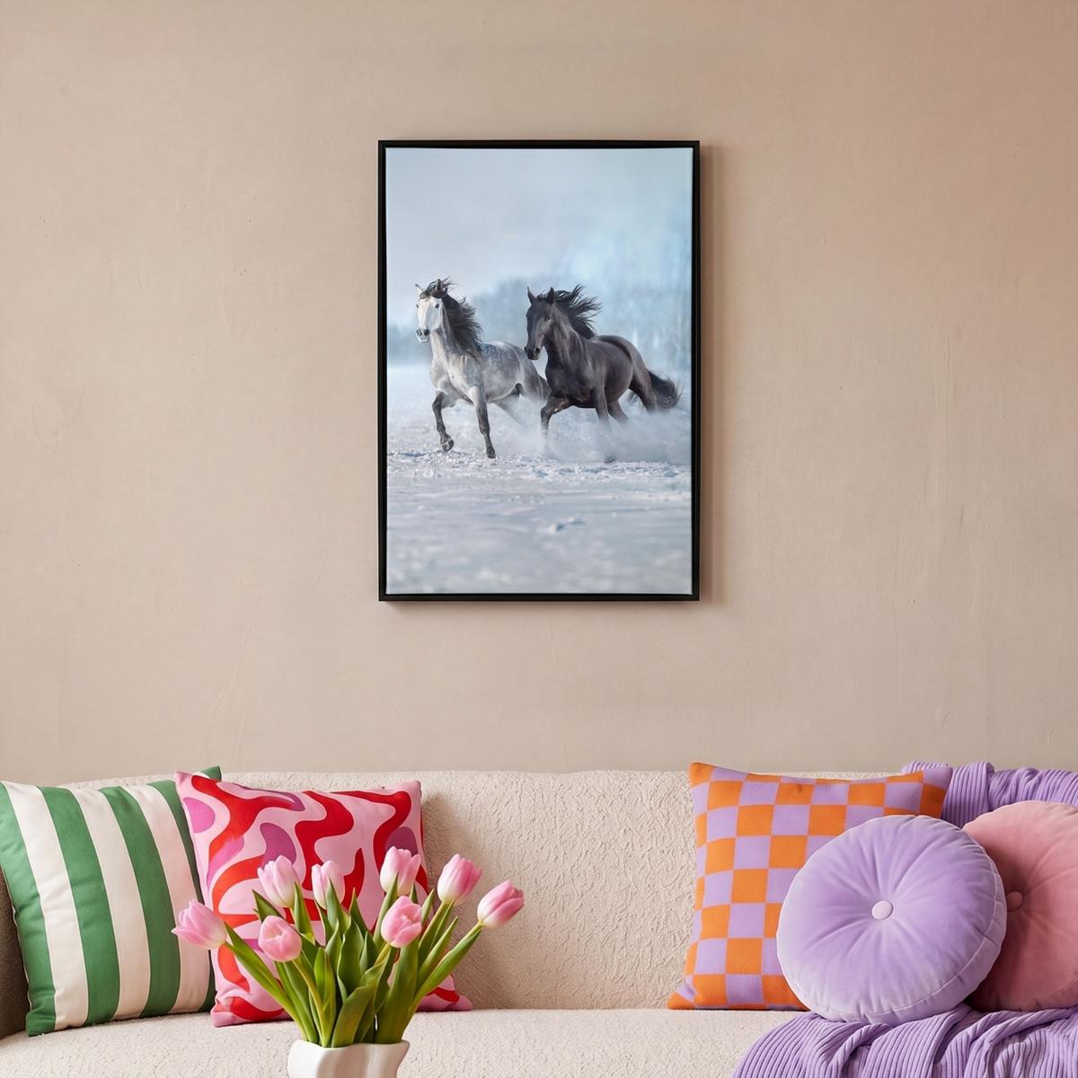 LEINWAND Bilder mit Rahmen - Pferde - Winter - Tiere - Natur - Schnee - 40x60 - Anthrazit, Textil (40/60cm) - MuchoWow