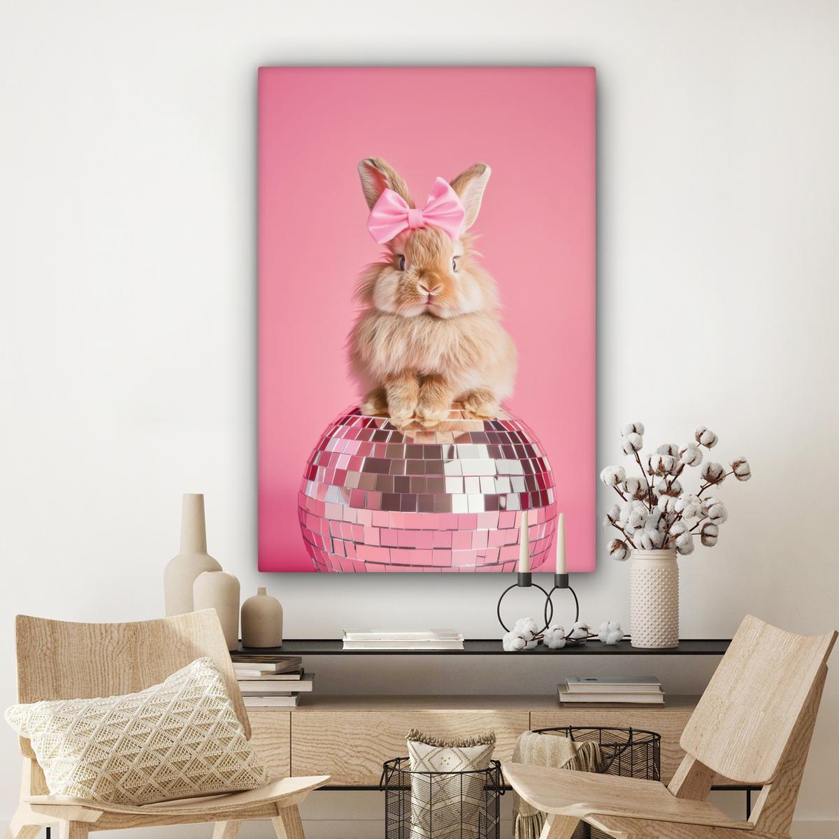 LEINWANDBILD Schleife - Discoball - Kaninchen Deko XXL 80x120 cm - Pink, Textil (80/120cm) - MuchoWow
