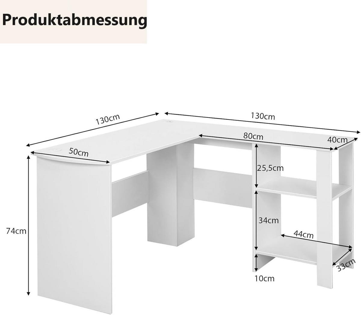 COMPUTERTISCH weiß - Weiß, Holzwerkstoff (130/130/74cm) - COSTWAY
