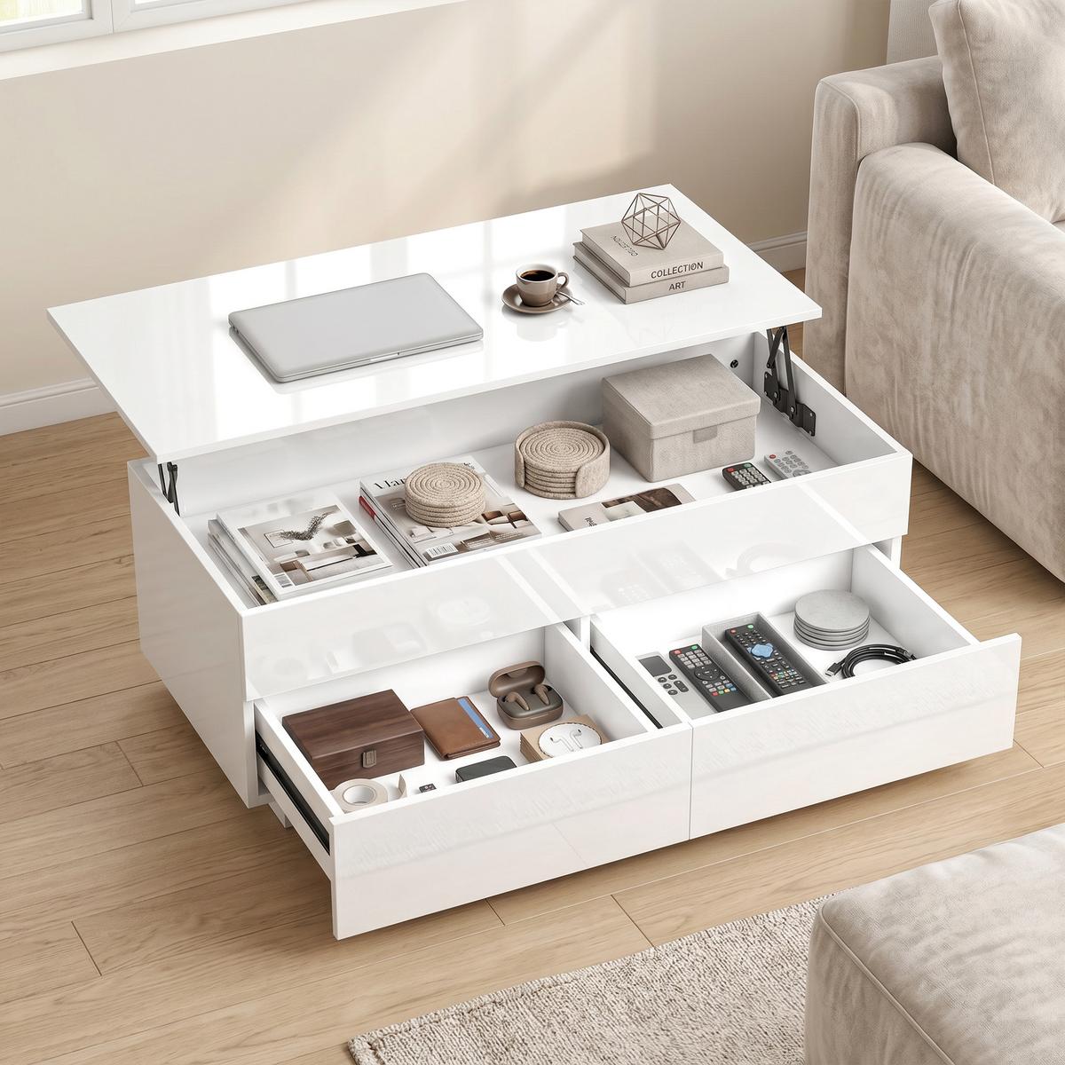 COUCHTISCH höhenverstellbar Spanplatte Hochglanzweiß - Weiß Hochglanz, Holzwerkstoff (102/48/54.5cm) - HOMCOM