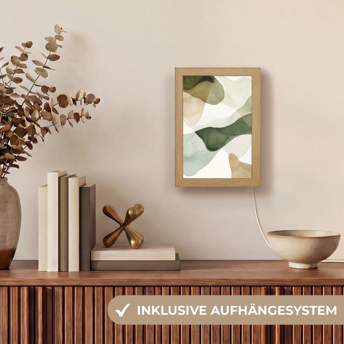 TISCHLEUCHTE Japandi - Abstrakt - Grün 15x20 cm - Buchefarben, Holzwerkstoff (8/15/20cm) - OnlyWow
