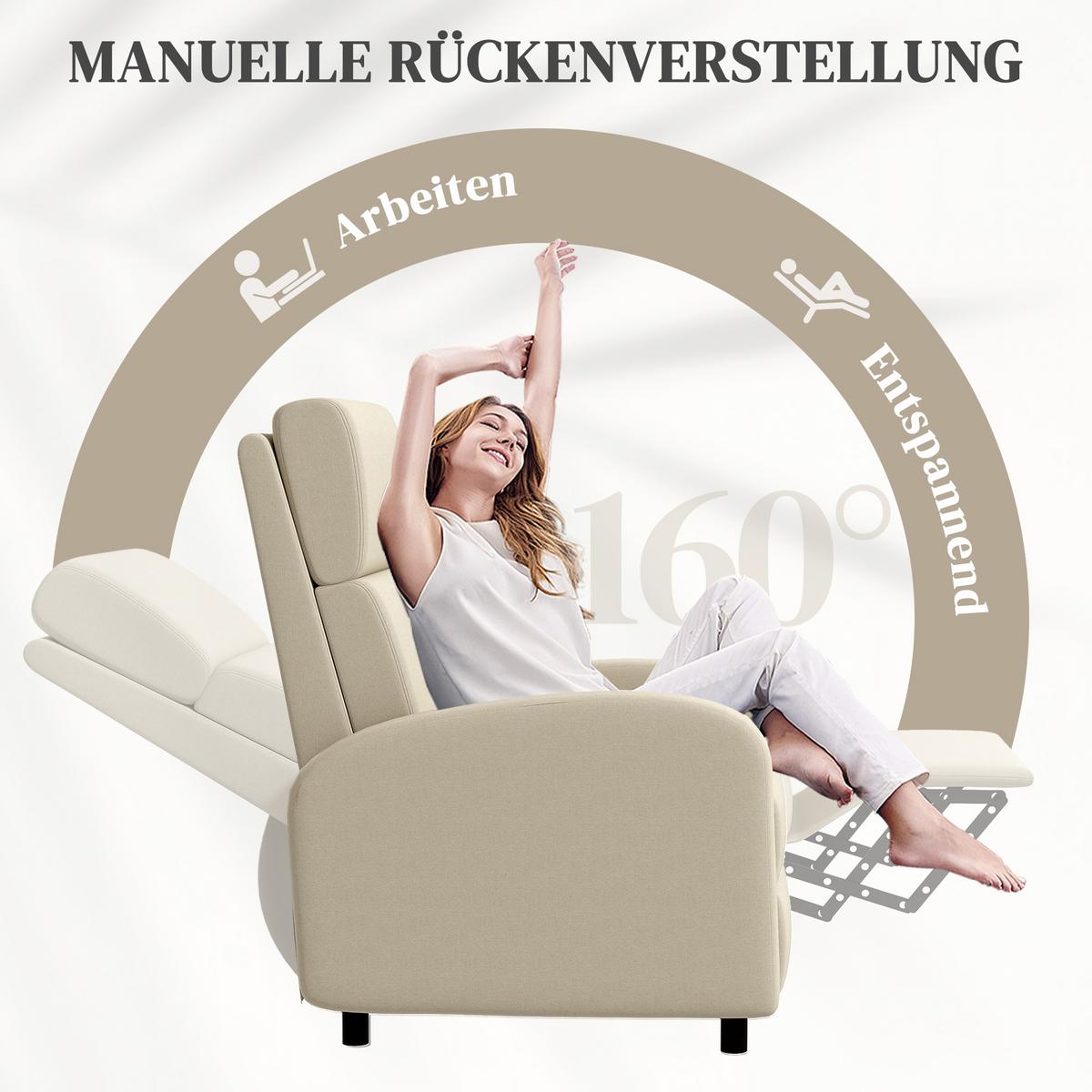 RELAXSESSEL gepolstert Fernsehsessel mit Liegefunktion bis 120 kg Belastbar - Creme/Schwarz, Kunststoff/Textil (64/102/86cm) - HOMCOM