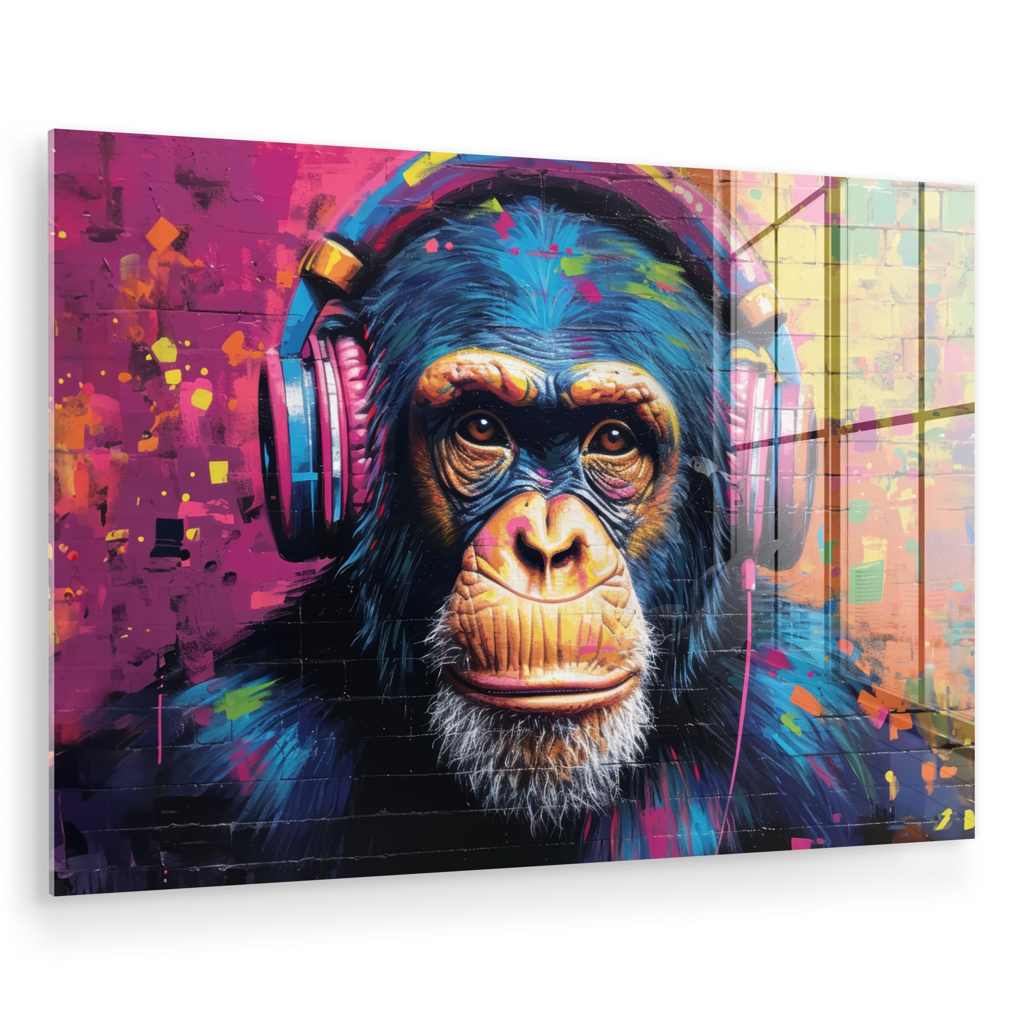 ACRYLGLASBILD Graffiti - Schimpanse - Straßenkunst - Kopfhörer - Affe Room Decor 90x60 cm - Blau, Glas (90/60cm) - MuchoWow