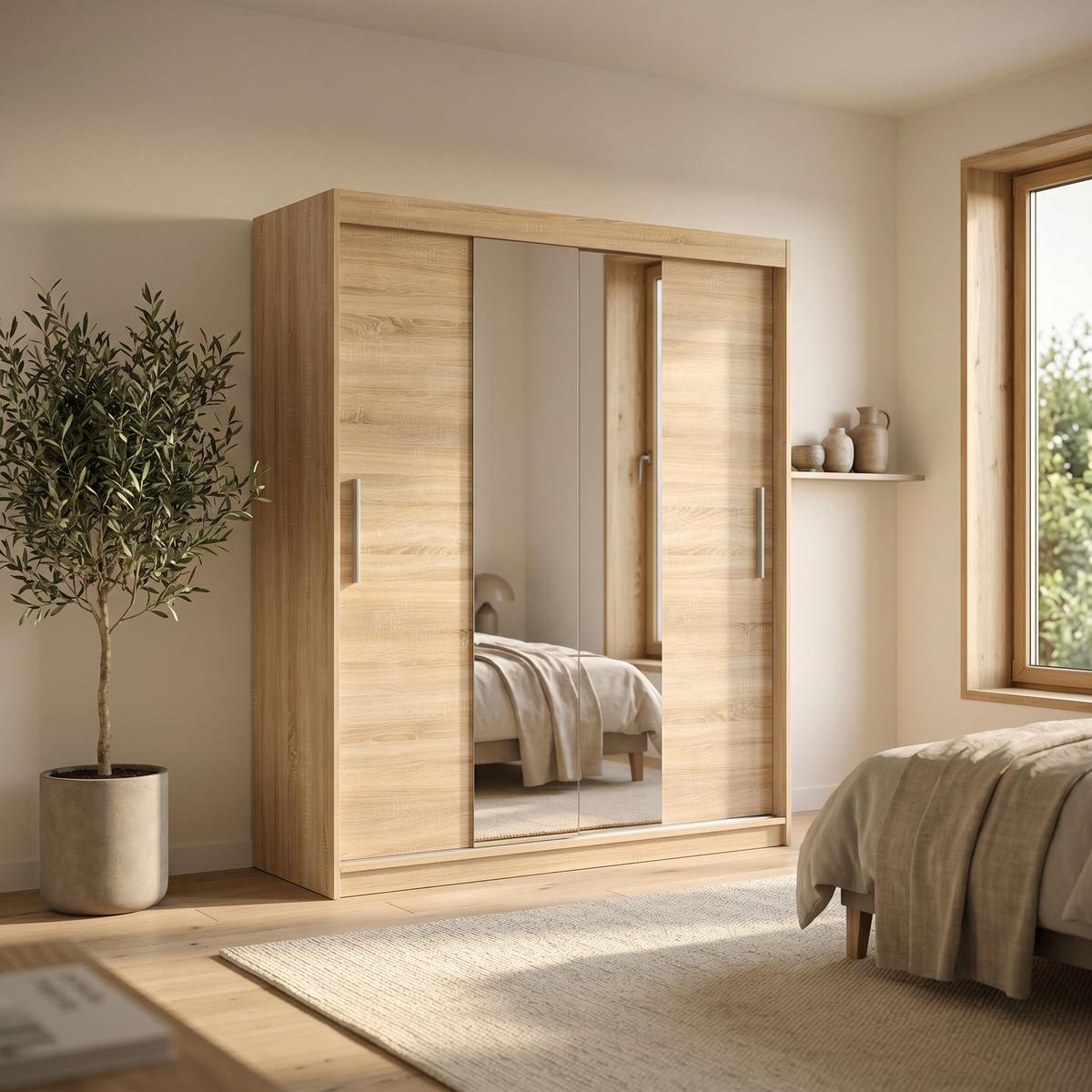 SCHWEBETÜRENSCHRANK VIVA 180/215,5/59cm 2-türig mit Spiegel Sonoma Eiche - Sonoma Eiche, Holzwerkstoff (180/215.5/59cm) - MASSENO
