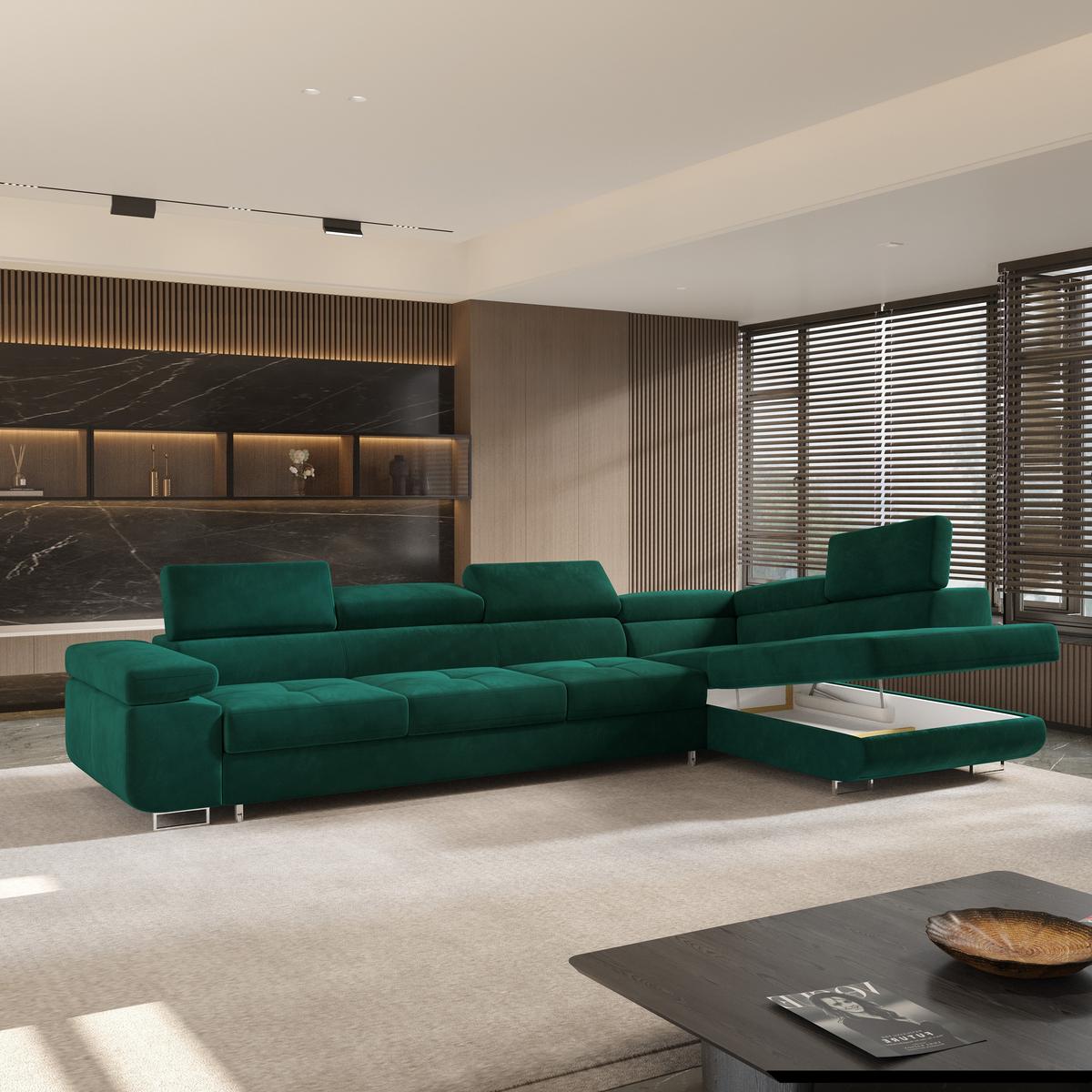 ECKSOFA VICENTE Grün Velours-Stoff mit Schlaffunktion - Grün, Holz (346/202cm) - MASSENO