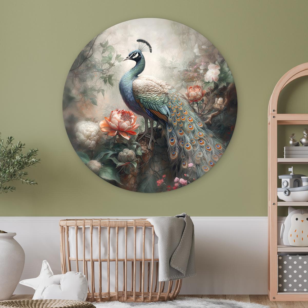 WANDBILD Pfau - Pfauenfedern - Vogel - Dschungel - Blumen Wandbild 120x120 cm - Smaragdgrün, Kunststoff (120/120cm) - MuchoWow