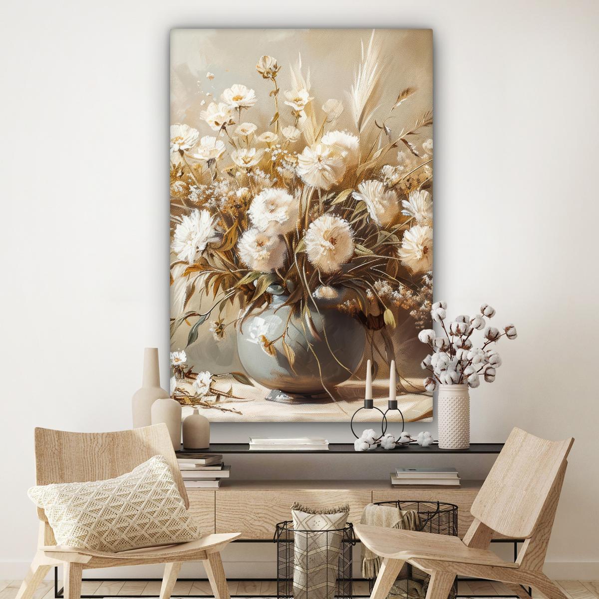 LEINWANDBILD Blumen - Vase - Stilleben - Beige Deko Groß 90x140 cm - Creme, Textil (90/140cm) - MuchoWow