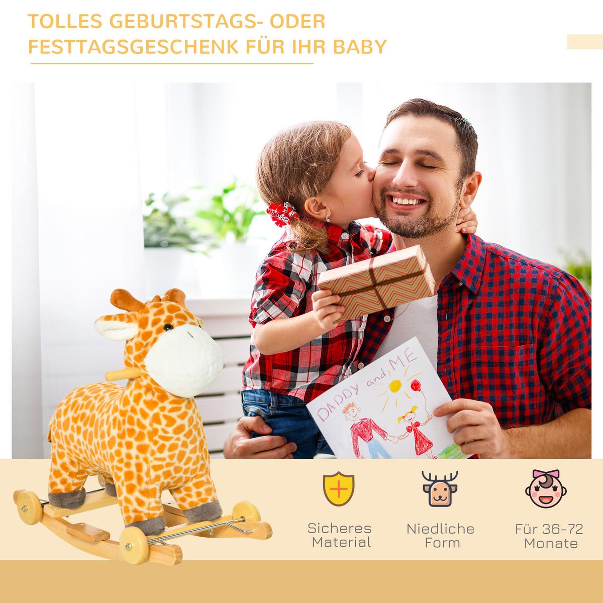 SCHAUKELPFERD 2-IN-1 Schaukeltier Babyschaukel Spielzeug Giraffen-Design Geld - Gelb, Holz (38/63/63cm) - HOMCOM
