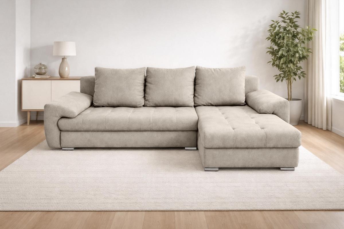 ECKSOFA L Form Manisa Beige 234/145/83 cm Rechts mit Schlaffunktion - Beige/Silberfarben, Kunststoff/Textil (234/145cm) - AX Living
