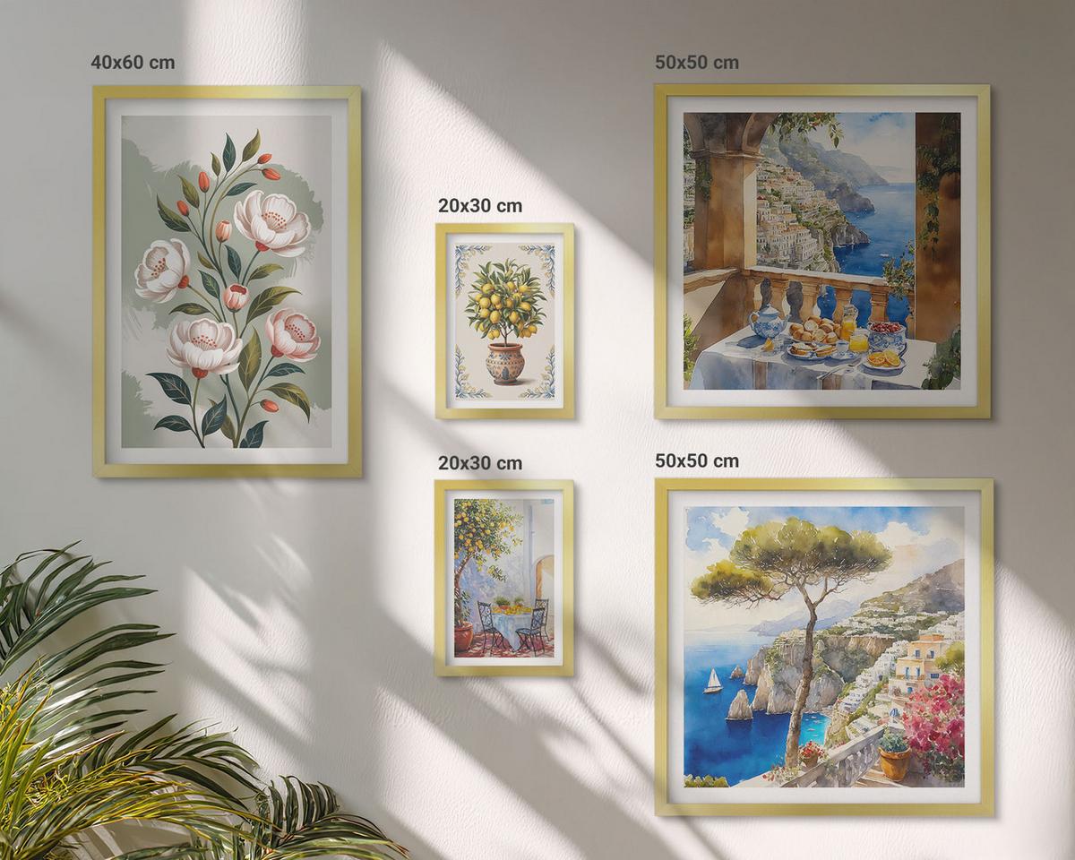 BILDER SET 5er Set - 50x50 cm & 20x30 cm & 40x60 cm Goldrahmen - Blick auf das Meer aus Zitronenbäumen - Goldfarben, Kunststoff (40/60cm) - TULUP