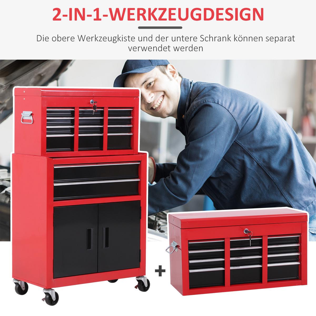 WERKSTATTWAGEN mit Werkzeugkasten 2 Schlüssel Metall Rot+Schwarz - Multicolor, Metall (33/108/61.6cm) - HOMCOM