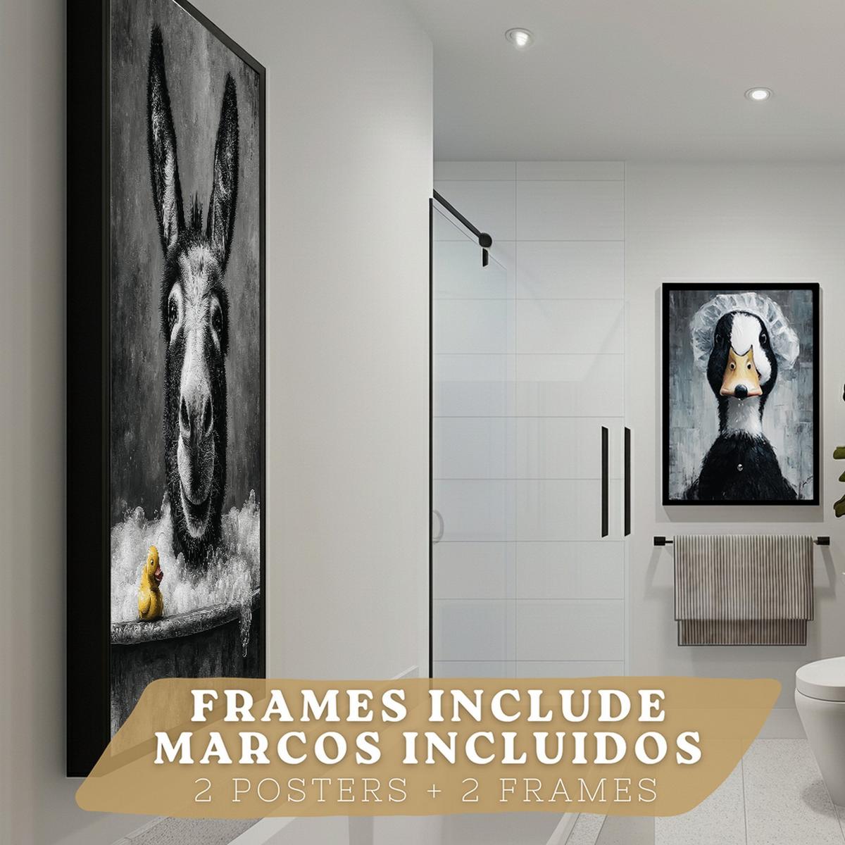 POSTER 2er-Set dekorative Badezimmer-Kunstdrucke, lustige für Wand, Waschbecken, Toilette und mit Tieren in der Badewanner, Stil Schwarzer Rahmen A4 - Schwarz, Papier (29.7/21/3cm) - Nacnic