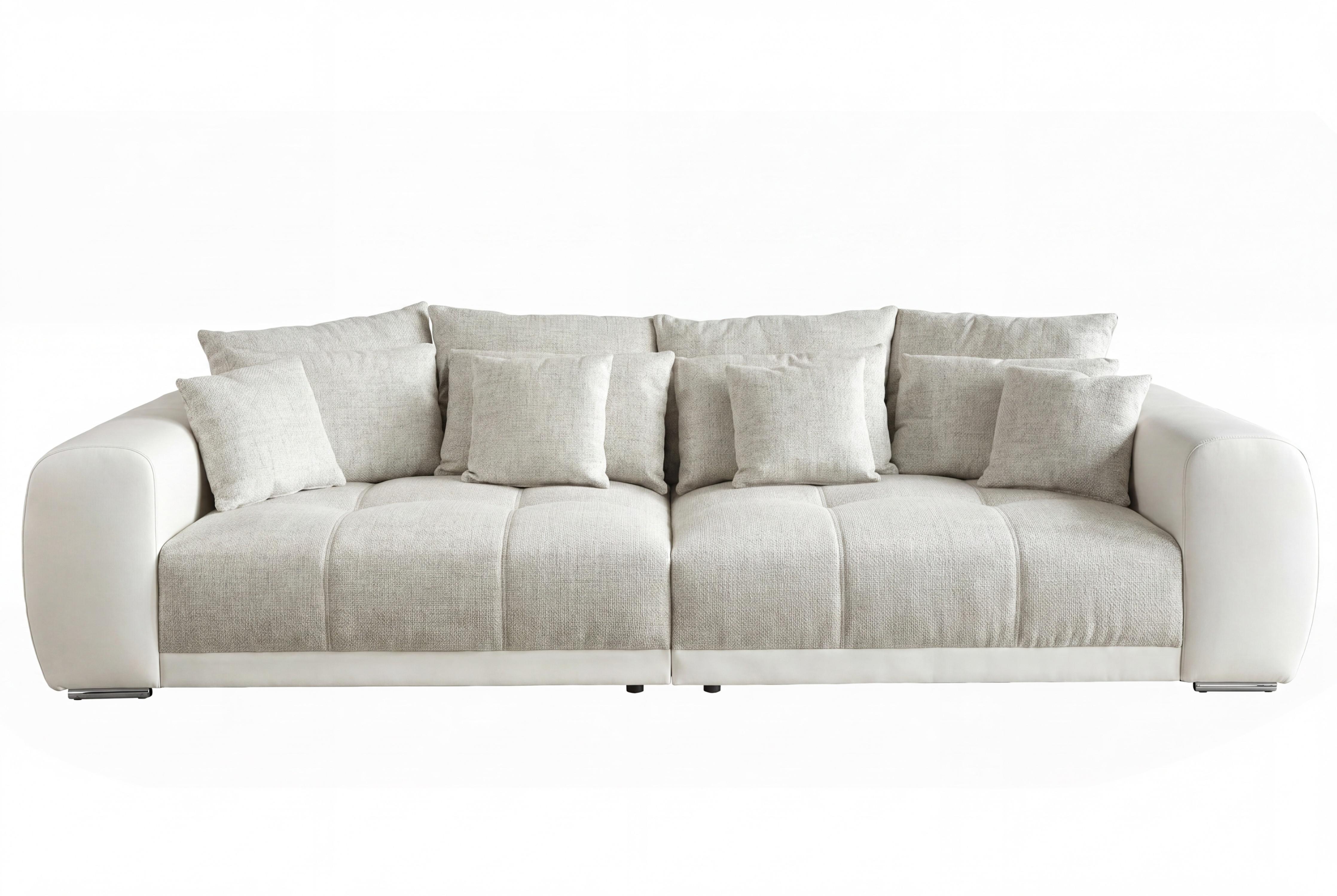 BIG-SOFA Federkern B306/T134/H86 cm, Liegefläche 120x240 cm, Korpus Kunstleder Weiß+Bezug Web-Strukturstoff Grau Beige / 15113 - Chromfarben/Greige, Kunststoff/Textil (306/86/134cm) - luma-home