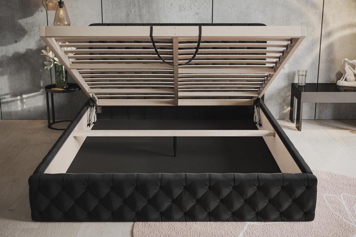BETT 90x200 - Polsterbett mit Bettkasten und Holzrahmen - Elegant Betten - Weicher Jasminstoff - Kollektion Miami, Schwarz - Schwarz, Holz/Textil (90/200cm) - Alpi-Möbel