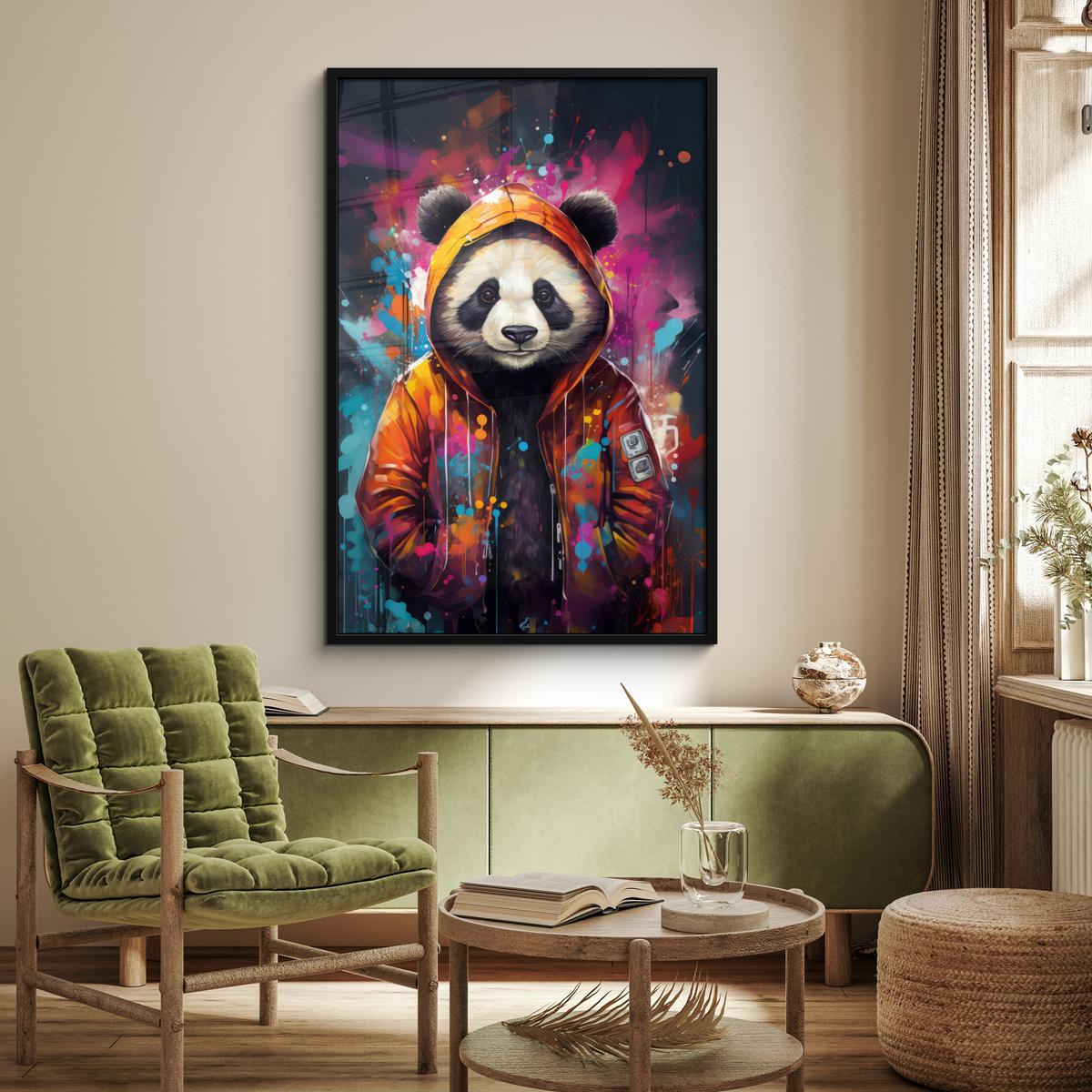 POSTER MIT RAHMEN Panda - Jacke - Graffiti - Orange Bilderleiste 80x120 cm - Orange, Papier (80/120cm) - MuchoWow
