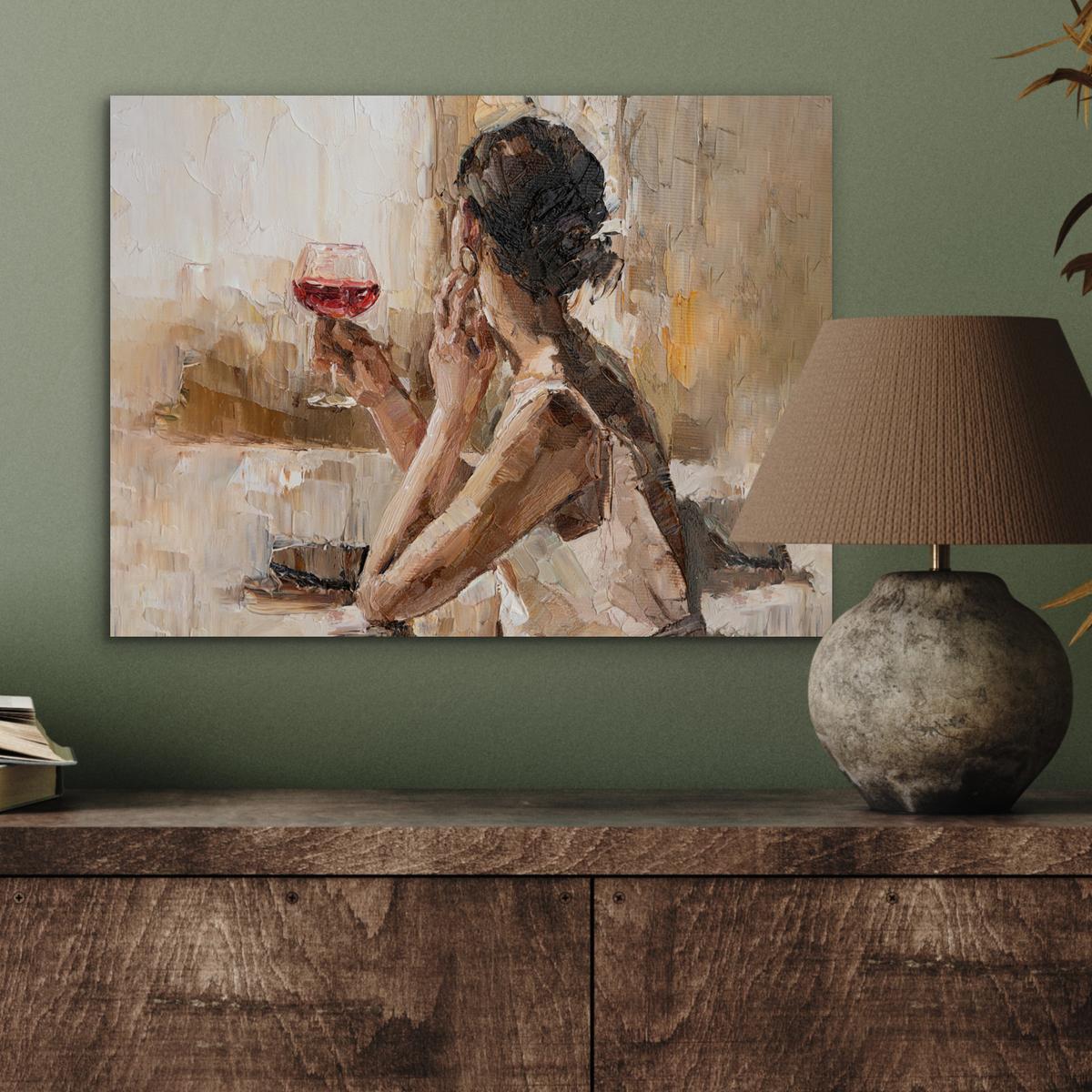 METALLBILD Ölgemälde - Frau - Wein 40x30 cm - Hellbraun, Metall (40/30cm) - MuchoWow