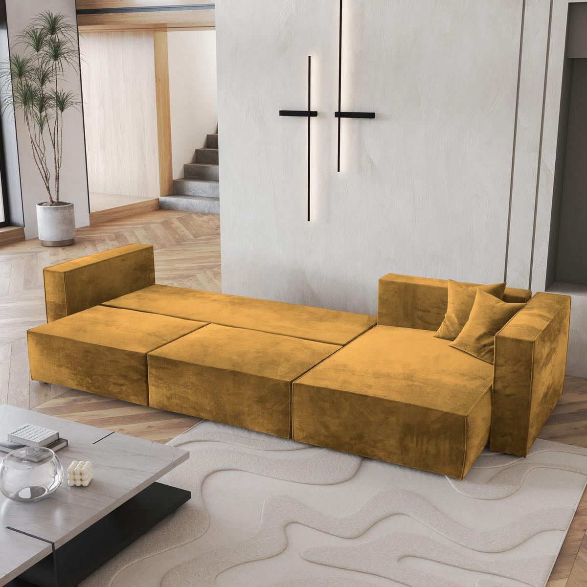 ECKSOFA TOLMO M Gelb Velours-Stoff mit Schlaffunktion - Gelb/Grau, Holz/Kunststoff (347/148cm) - MASSENO