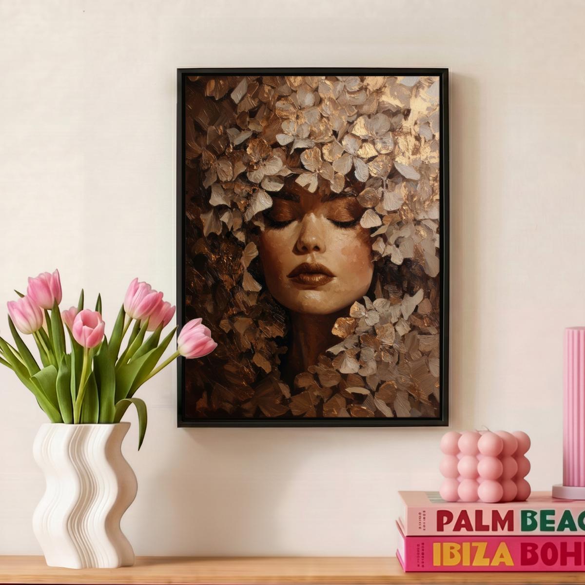 LEINWAND Bilder mit Rahmen - Gesicht - Dame - Blätter - Pinselstriche - 30x40 - Goldfarben, Textil (30/40cm) - MuchoWow