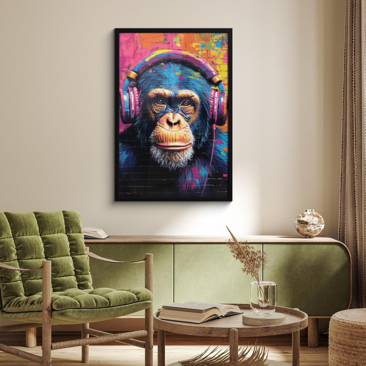 POSTER MIT RAHMENGERAHMTES BILD Graffiti - Schimpanse - Straßenkunst - Kopfhörer - Affe 60x90 cm - Blau, Papier (60/90cm) - MuchoWow