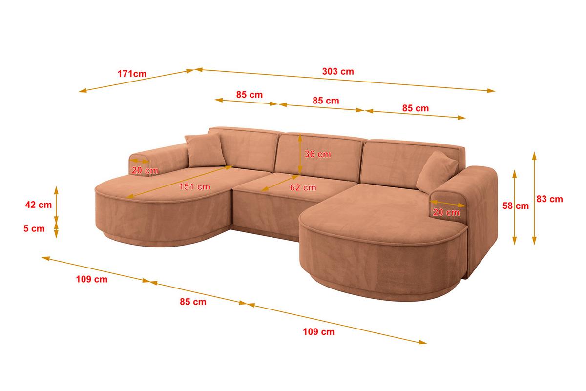 WOHNLANDSCHAFT MARI-U1-v3 - 303x171x83 cm Orange Velours - Schwarz/Orange, Holzwerkstoff/Kunststoff (303/83/171cm) - ALTDECOR