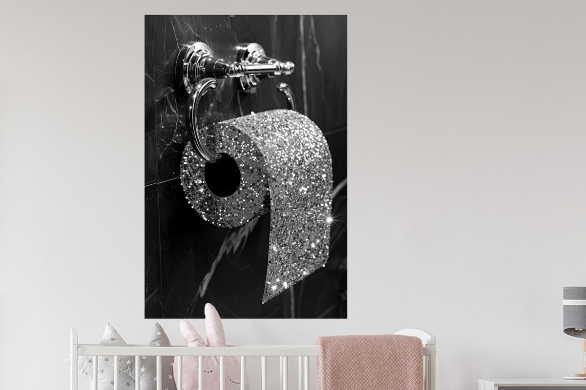 WANDTATTOO WC - Toilettenpapier - Schwarz und weiß - Glitter Wandaufkleber 80x120 cm - Silberfarben, Kunststoff (80/120/0.1cm) - MuchoWow