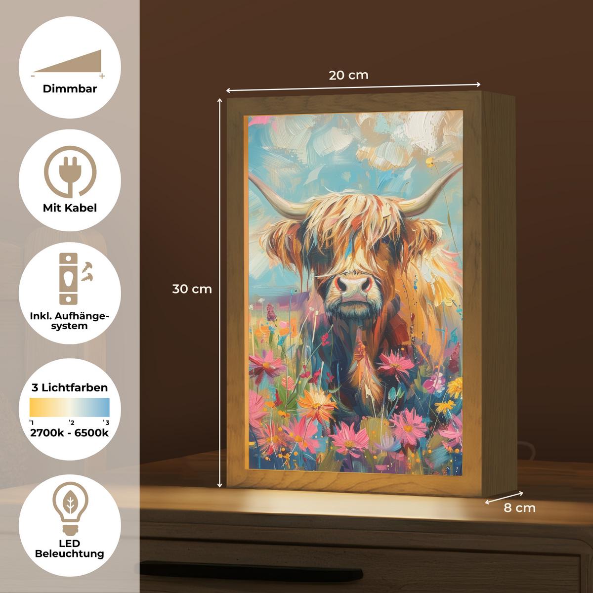 WANDLEUCHTE Schottische Hochländer - Natur - Farbenfroh - Blumen 20x30 cm - Multicolor, Holzwerkstoff (20/30/8cm) - OnlyWow