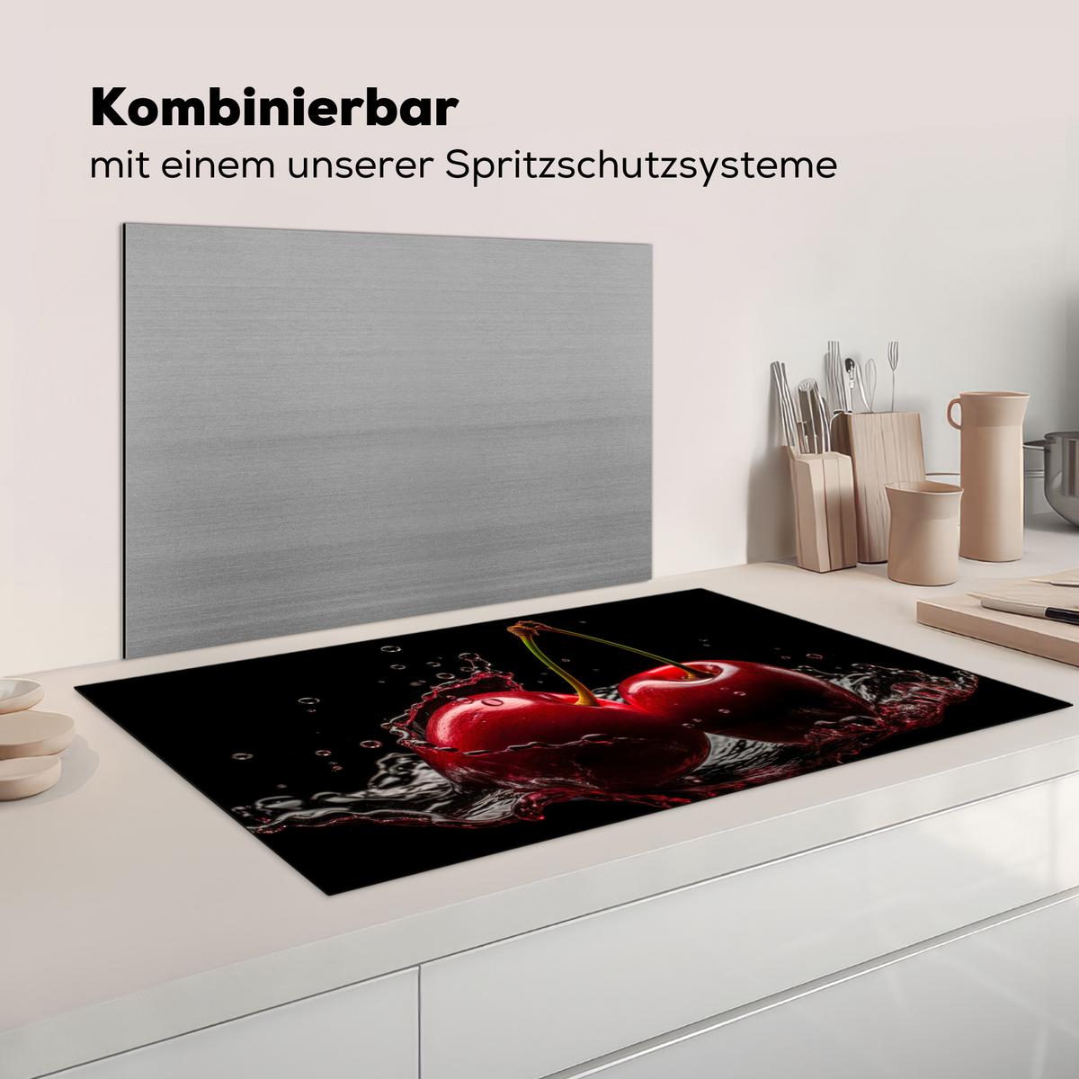HERDABDECKPLATTE Kirsche - Rot - Frucht - Wasser - Schwarz Induktionsschutz 91.6x52.7 cm - Kirschrot, Kunststoff (91.6/52.7/0.2cm) - MuchoWow