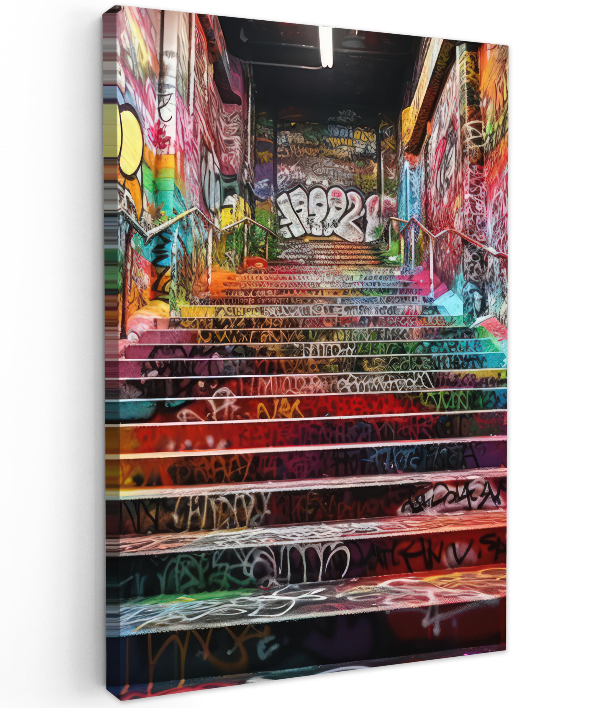 LEINWANDBILD Treppe - Graffiti - Farben - Kunst Deko Wohnzimmer 20x30 cm - Multicolor, Textil (20/30cm) - MuchoWow