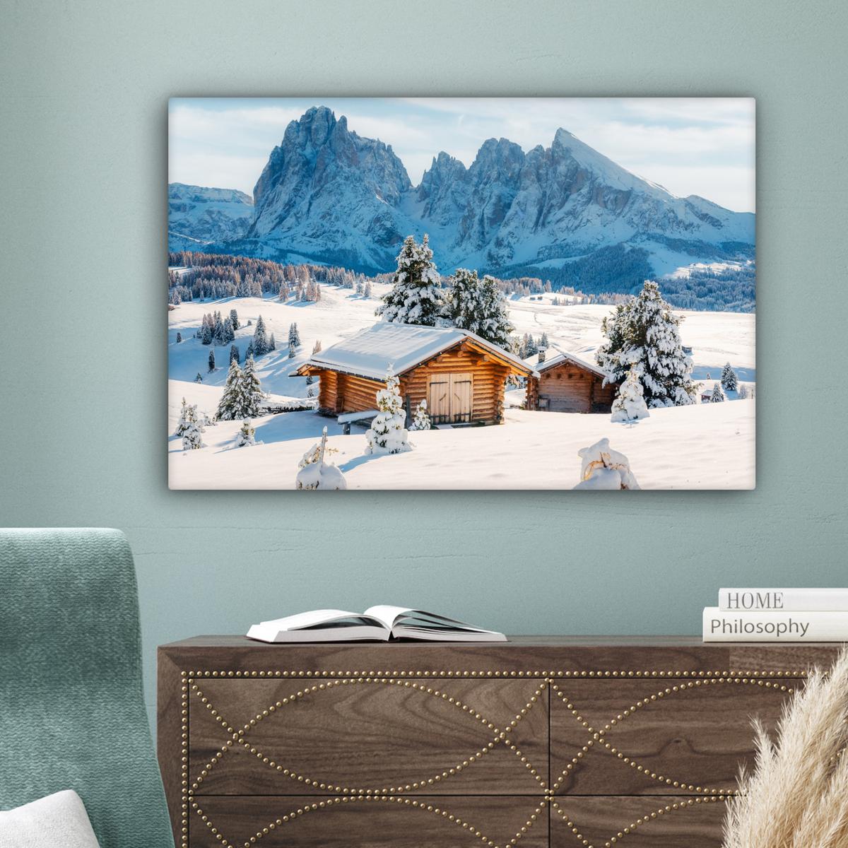 LEINWANDBILD Winter - Hütte - Berge - Aussicht - Schnee Wanddeko 90x60 cm - Eichefarben, Textil (90/60cm) - MuchoWow
