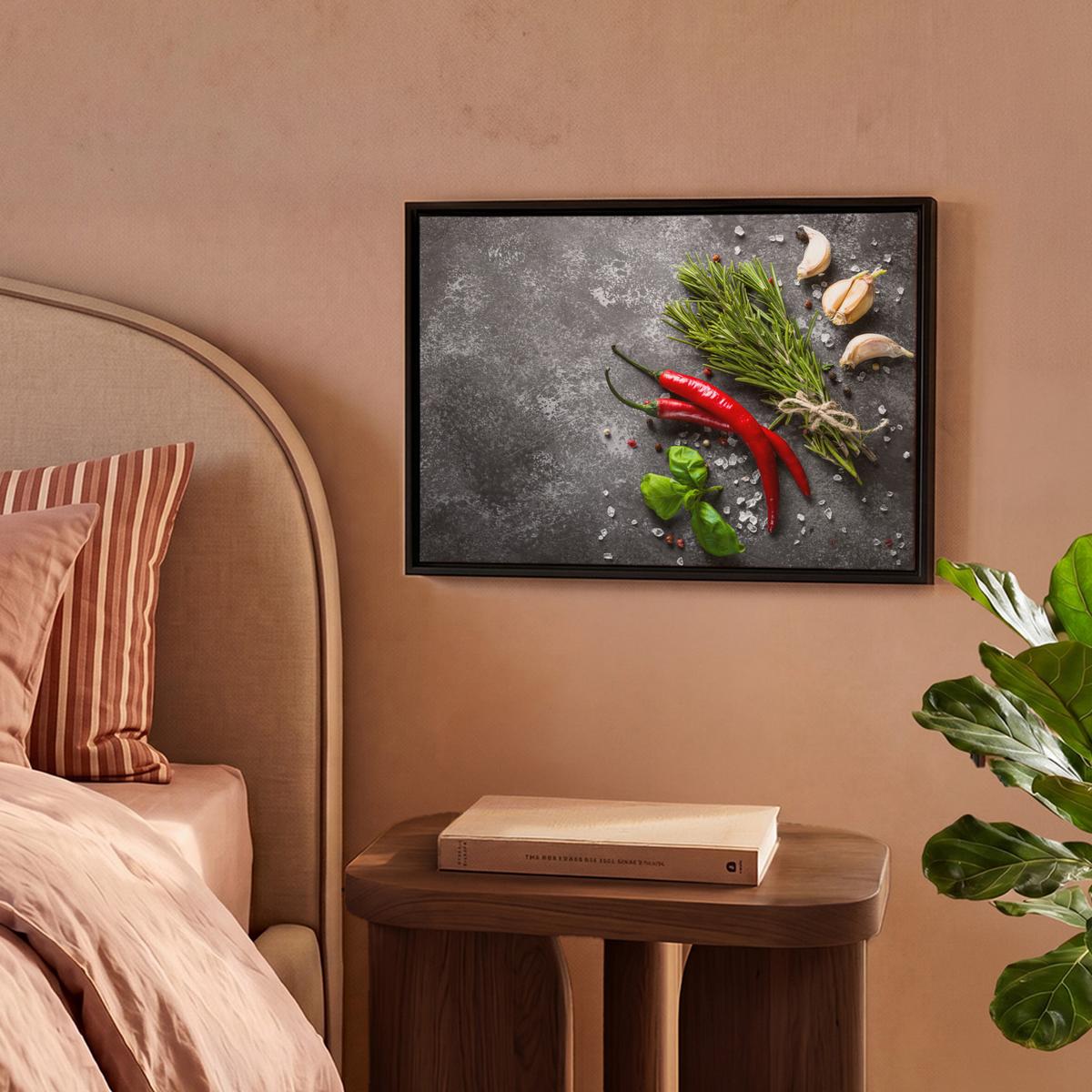 LEINWAND Bilder mit Rahmen - Pfeffer - Kräuter - Gewürze - Beton - 40x30 - Dunkelgrau, Textil (40/30cm) - MuchoWow