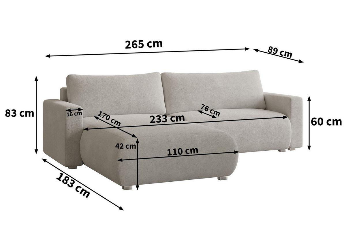 ECKSOFA TURIN N Blau Bucle-Stoff mit Schlaffunktion - Blau/Grau, Holz/Kunststoff (265/183cm) - MASSENO
