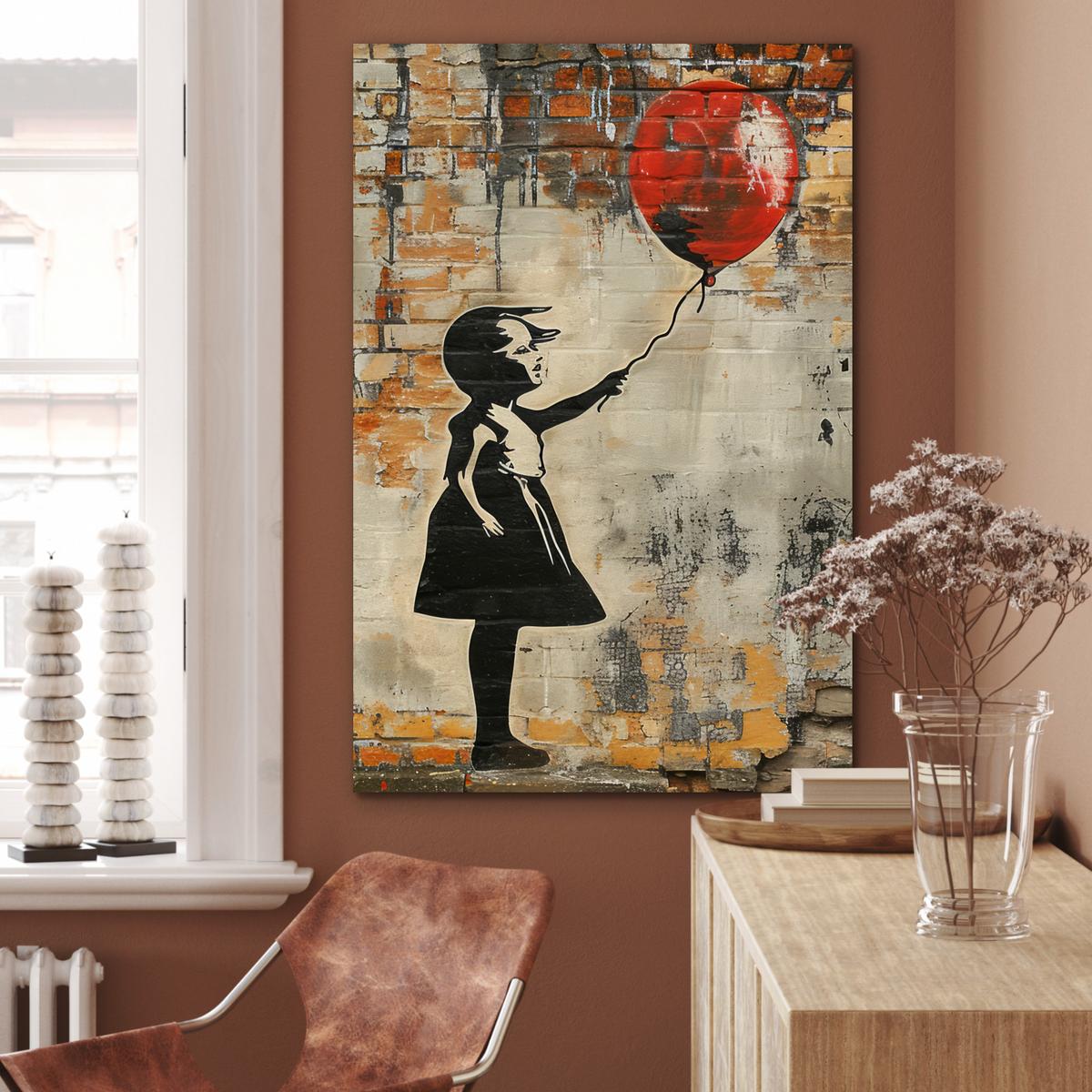 METALLBILD Graffiti - Banksy - Mädchen - Straßenkunst 80x120 cm - Sandfarben, Metall (80/120cm) - MuchoWow