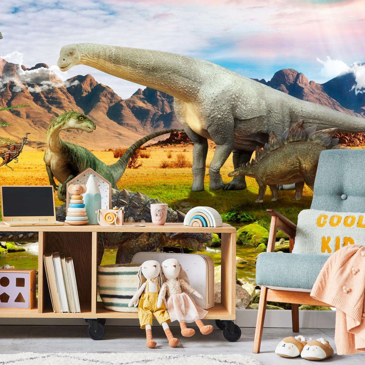 FOTOTAPETE für Kinderzimmer Dinosaurier Berge aus Felsen Bäume 100x70 - Multicolor, Papier (100/70cm) - Muralo