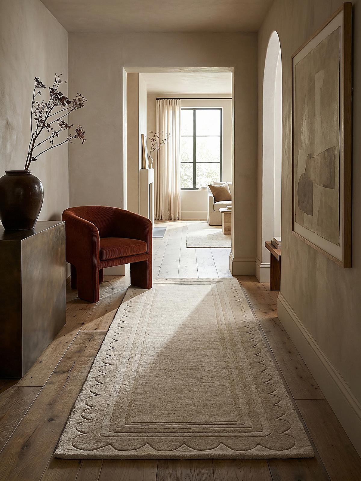 WOLLTEPPICH WENSUM, mit grafischem Muster mit Rahmen, Beige, 80 x 230 cm - Beige, Textil (230/80cm) - KADIMA DESIGN