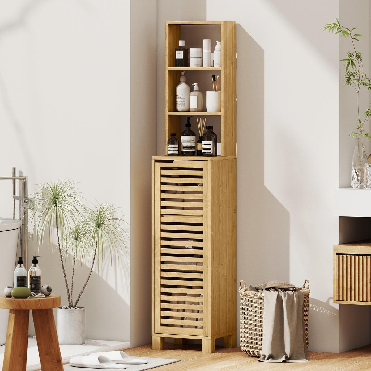 BADEZIMMERSCHRANK schmal, Hochschrank Toilettenschrank mit 3 offenen Regalen - Naturfarben, Naturmaterialien/Bambusholz (30/170/34cm) - HOMCOM