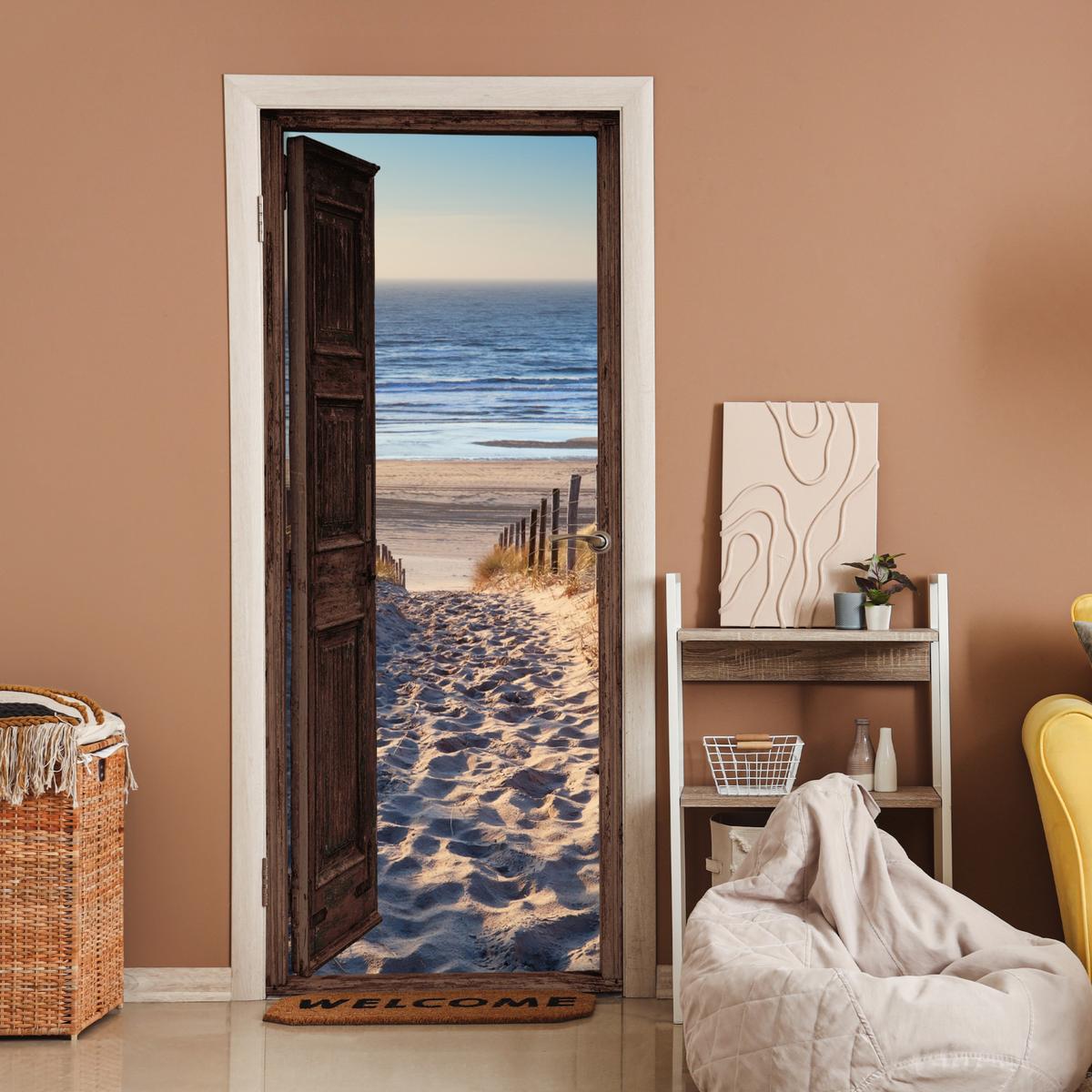 TÜRAUFKLEBER Durchblick - Strand - Meer - Weg - Dünen Fototapete 75x205 cm - Türtapete - Sandfarben, Kunststoff (75/0.1cm) - MuchoWow