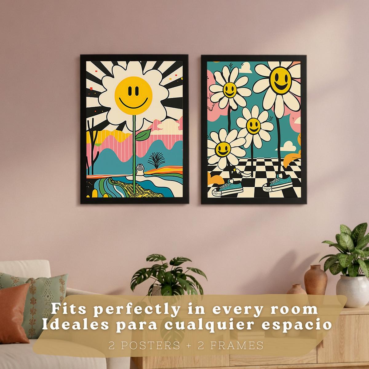POSTER 4er Kunstdruck-Set Wandbilder Smiley Blume modern Wohnzimmer Deko, Schlafzimmer, Küche, Badezimmer Schwarzer Rahmen A3 - Schwarz, Papier (29.7/1/42cm) - Nacnic