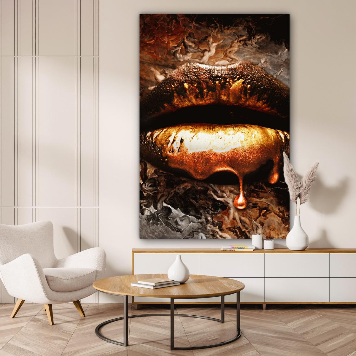 LEINWANDBILD Gold - Lippen - Kunst - Gold - Luxus - Abstrakt Deko Groß 90x140 cm - Kupferfarben, Textil (90/140cm) - MuchoWow