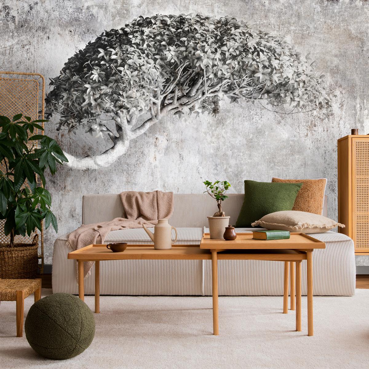 FOTOTAPETE Abstrakter Baum Beton 3D Effekt 400x280 - Schwarz/Grau, Papier (400/280cm) - Muralo