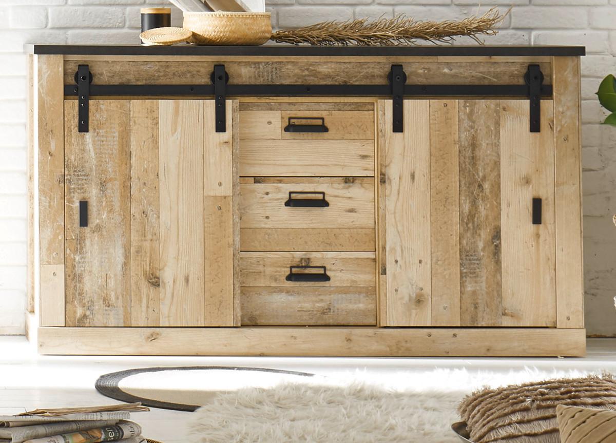 ESSZIMMER-SET Esszimmer Set, Used Wood hell, anthrazit, Wohnkombination 2-teilig mit Vitrine Sideboard - Eichefarben/Anthrazit, Holzwerkstoff/Metall (275/201/43cm) - Furn.Design