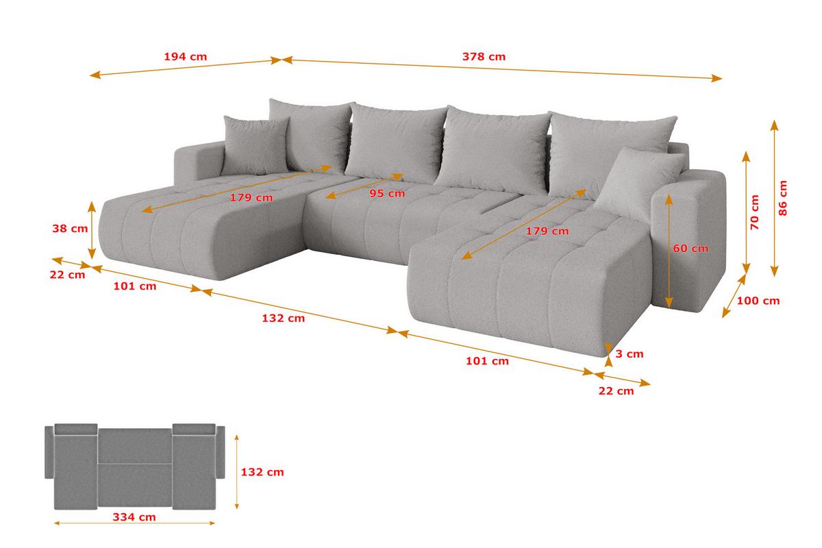 WOHNLANDSCHAFT mit Schlaffunktion und Bettkasten MILA-U 378x194x86 Hellgrau Bouclé - Silberfarben/Hellgrau, Holzwerkstoff/Kunststoff (378/86/194cm) - ALTDECOR