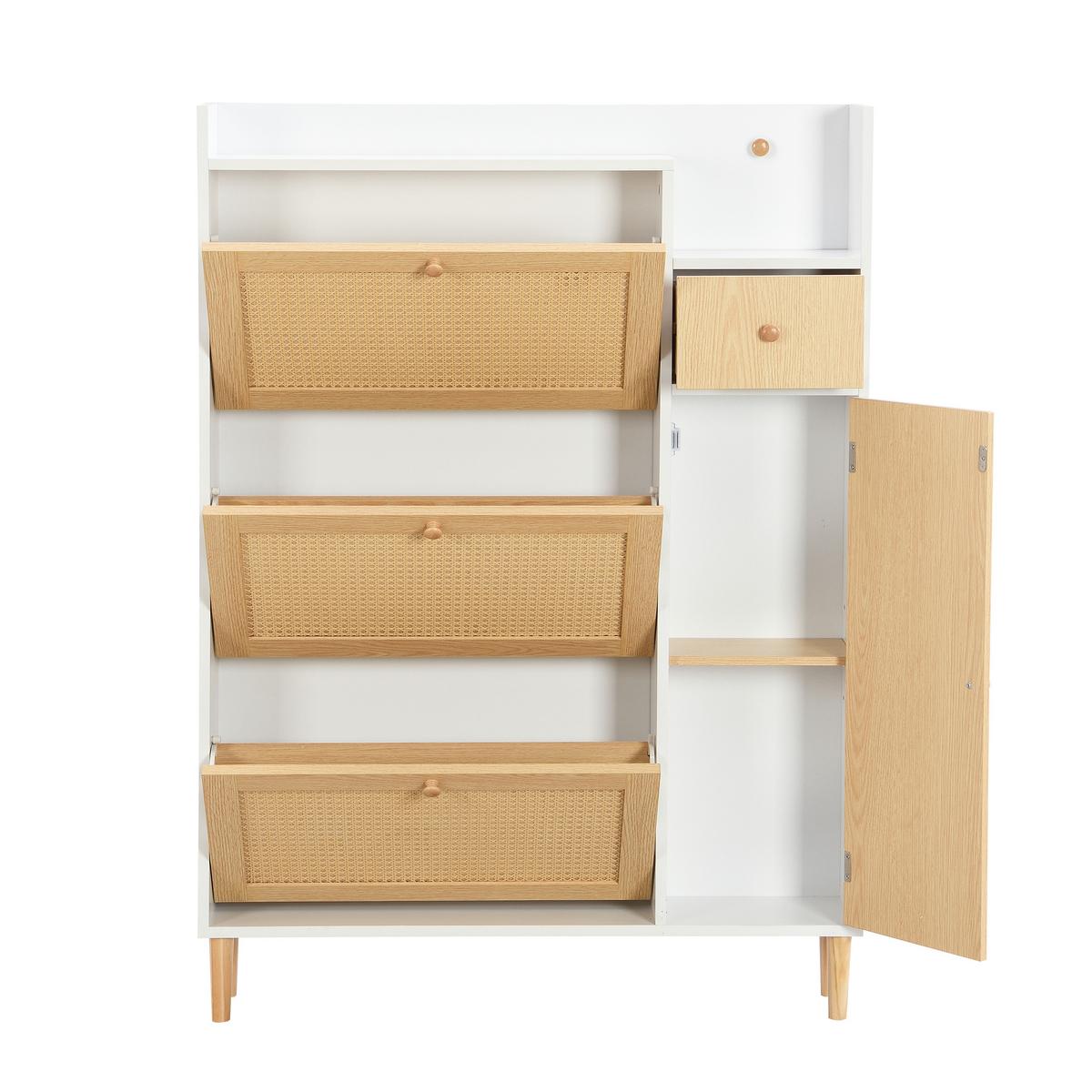 SCHUHESCHRANK Rattan Flach Weiß & Natur Mit 3 Kipp-Türen & 1 Schublade - Naturfarben, Holzwerkstoff (90/125/17cm) - Urban Meuble