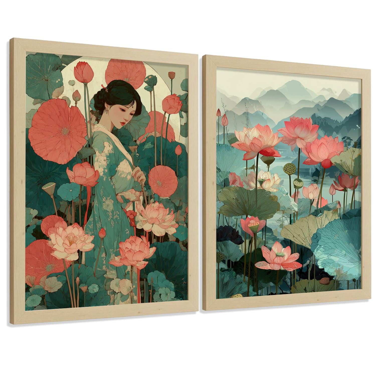 POSTER 2er-Set dekorative Badezimmerdrucke, japanisch-orientalische Kunstposter WC mit Lotusblumen, asiatische Landschaft, Stil Leichter Holzrahmen A4 - Beige, Papier (29.7/21/3cm) - Nacnic