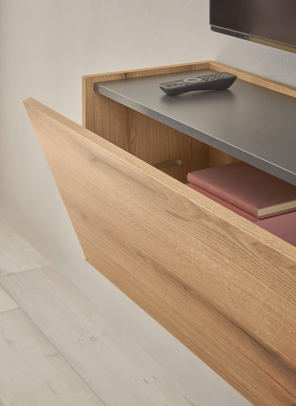 WOHNWAND Evoke Eiche, grau, Wohnkombination Set 5-teilig mit XXL-TV-Schrank, 440 cm - Eichefarben/Grau, Glas/Holz (440/180/40cm) - Furn.Design