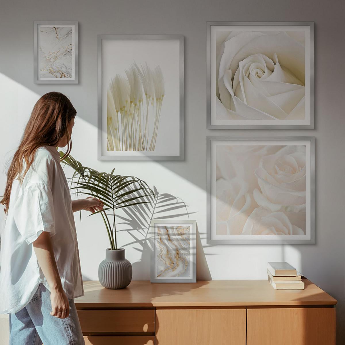 BILDER SET 5er Set - 50x50 cm & 20x30 cm & 40x60 cm Silberner Rahmen - Elegante Marmormuster - Silberfarben, Kunststoff (40/60cm) - TULUP