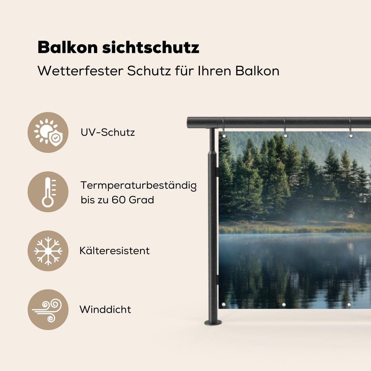 BALKON-SICHTSCHUTZ See - Nebel - Berge - Landschaft Deko XXL 500x130 cm - Hellblau, Kunststoff (500/130cm) - MuchoWow