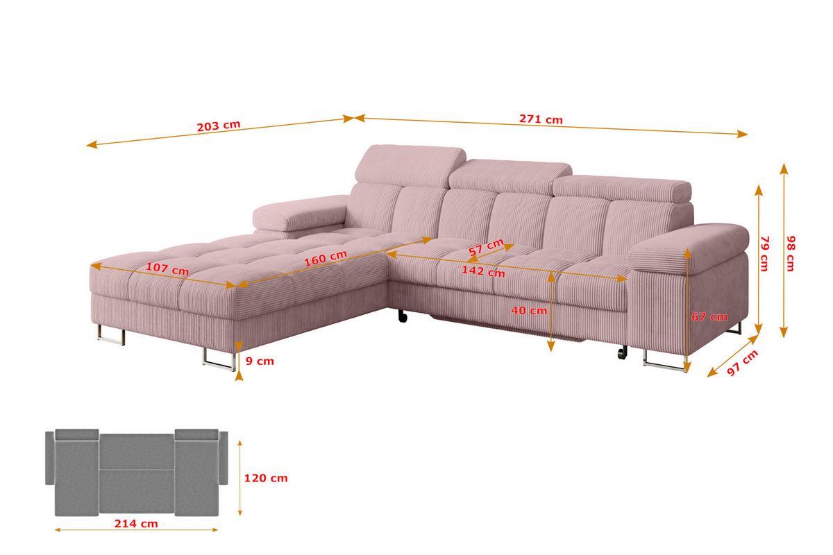 ECKSOFA mit Schlaffunktion Ottomane Links 271x203x79 Rosa Cord - Rosa, Holzwerkstoff/Textil (271/203cm) - ALTDECOR
