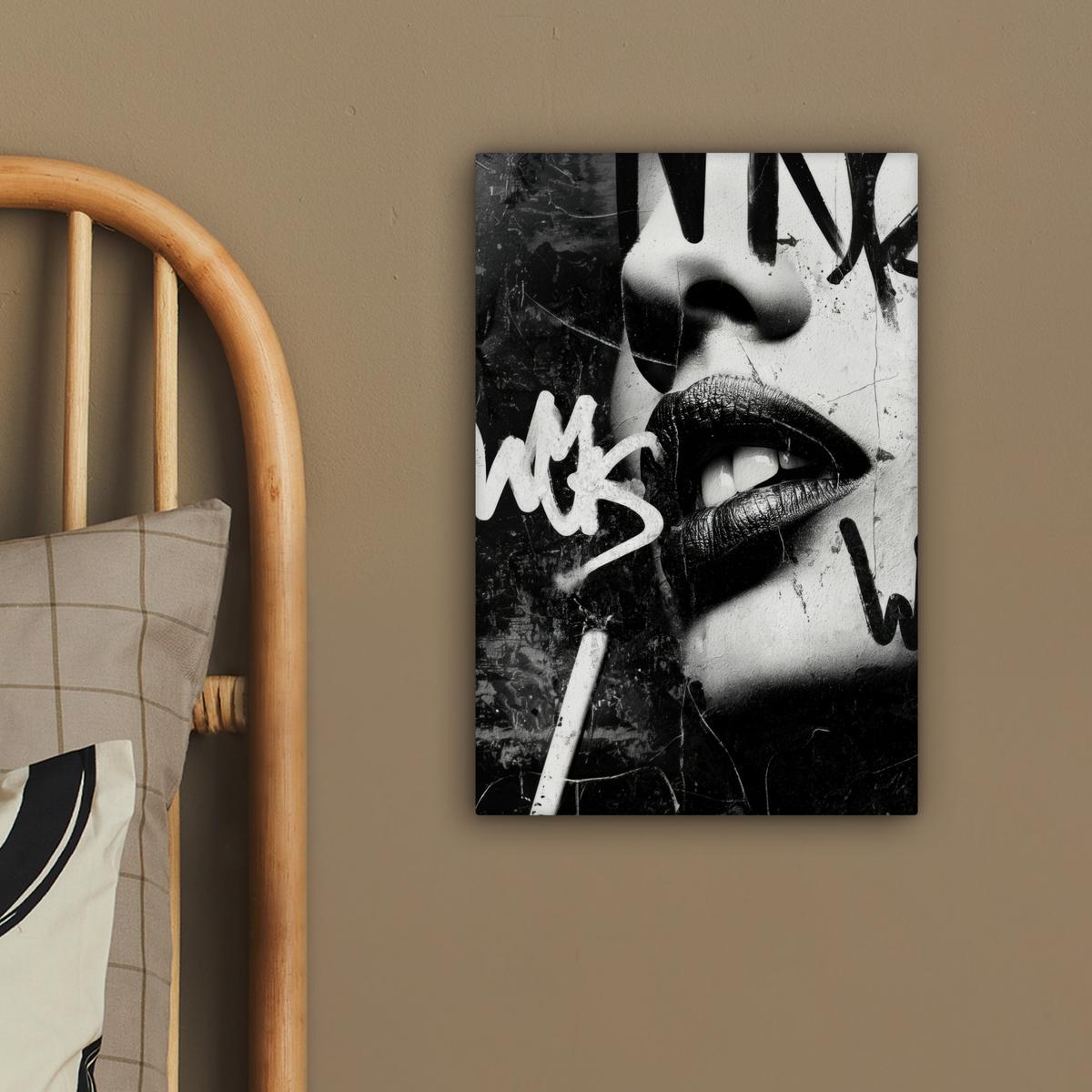 LEINWANDBILD Gesicht - Mund - Graffiti - Schwarz Deko Wohnzimmer 20x30 cm - Schwarz, Textil (20/30cm) - MuchoWow