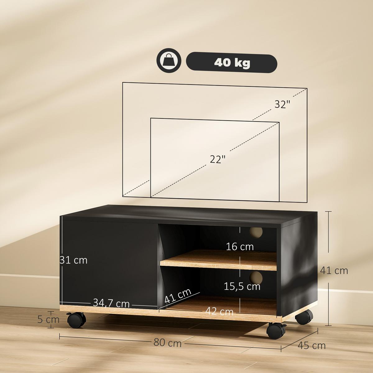 TV-BOARD Spanplatte Schwarz Eiche - Schwarz, Holzwerkstoff (45/39/80cm) - HOMCOM